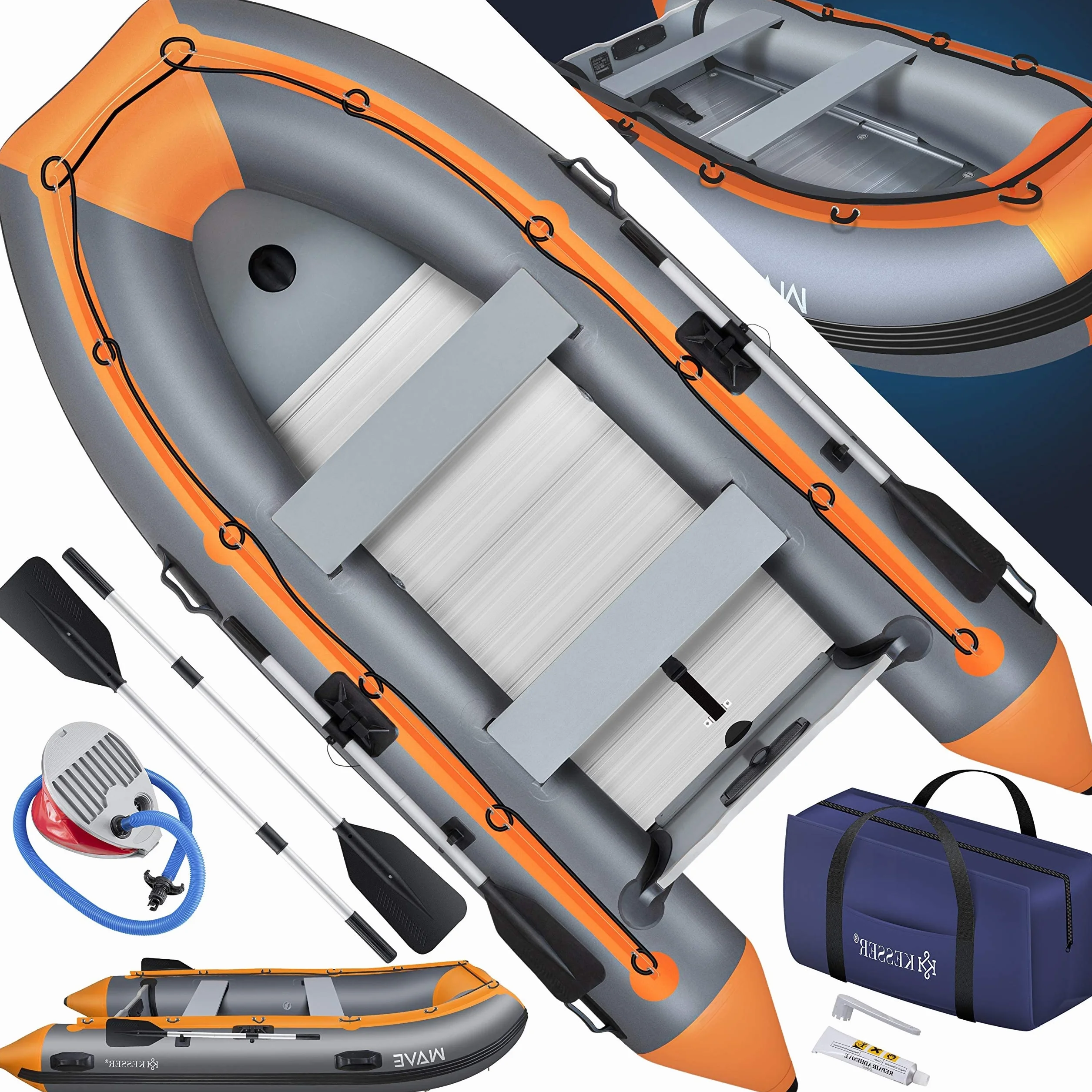 KESSER® Gommone di 3,20 m per 4 Persone - Compatibile con Motore Wave Imbarcazione da diporto Barca a Remi, da Pesca - con 2 panche - Fondo in Alluminio Remi Pompa
