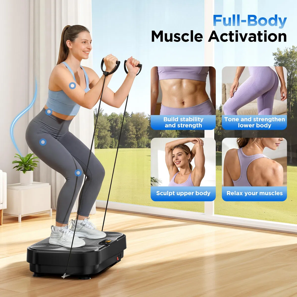 Dripex Piattaforma Vibrante per Casa, Pedana Vibrante con 1–99 Livelli di Intensità e 4 Fasce Elastiche, Allenamento Completo del Corpo, Portata fino a 130 kg