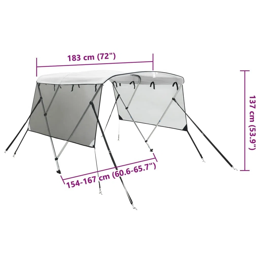 vidaXL Bimini di Prua Pareti Laterali Rete 3 Archi 183x(154-167) x137cm, bimini per imbarcazione, tendalino per barca, copertura per imbarcazione