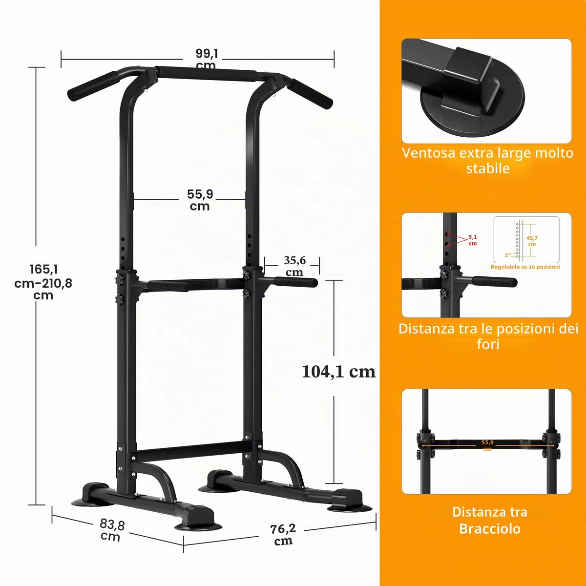 sogesfurniture Power Tower, Dip Station, Sbarra per trazioni,Fitness Multifunzione per Flessioni Trazioni Fitness e Addominali,Altezza Regolabile da 165-210 cm, BHEU-PSBB005
