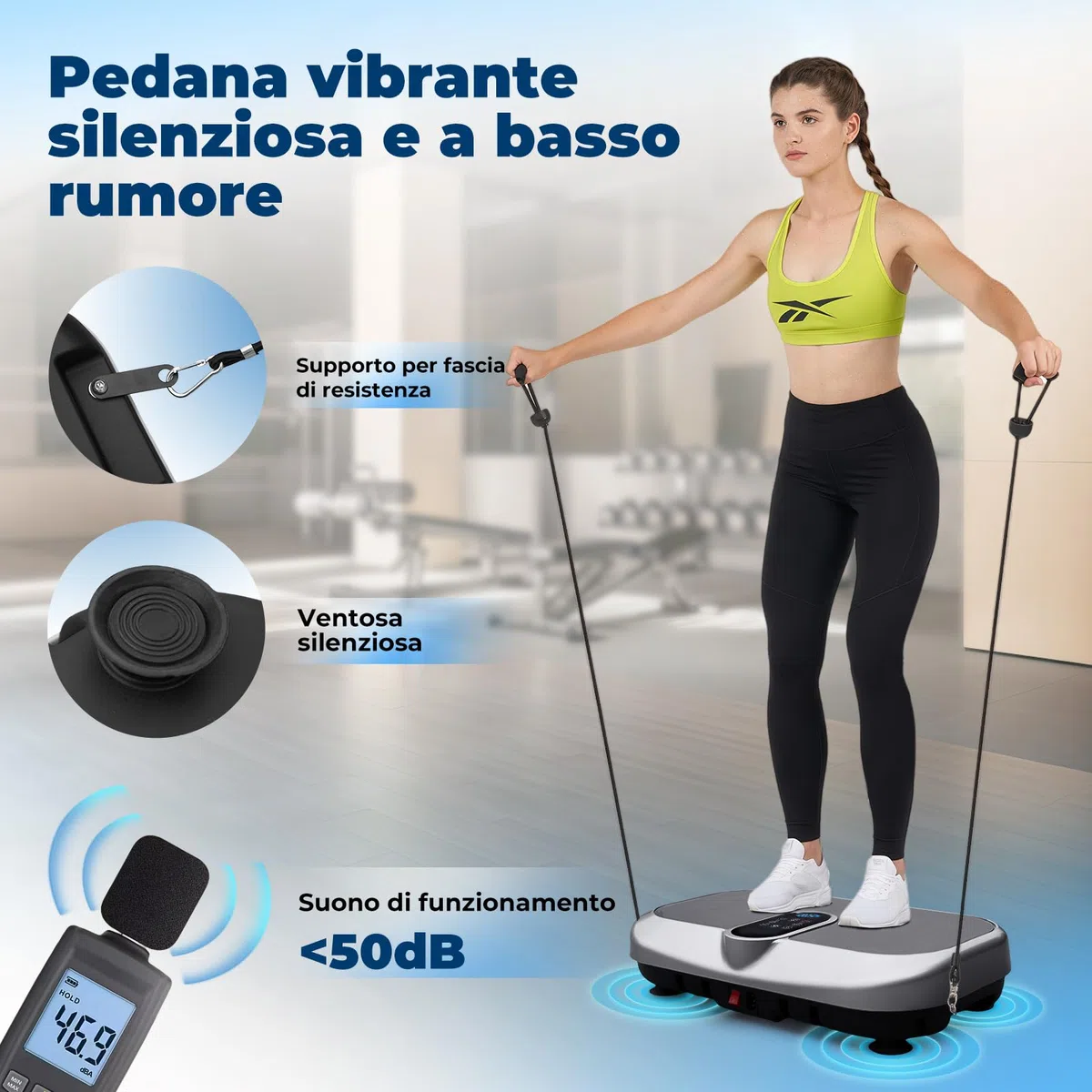 Pedana Vibrante Dimagrante 150KG con Telecomando e Fasce di Resistenza, 9 Programmi di Allenamento Automatici, 120 Livelli di Vibrazione e Altoparlante Bluetooth Integrato, Allenamento a Casa