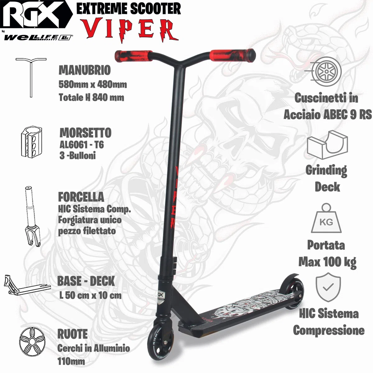 WeLLIFE Monopattini Freestyle Viper RGX Con Casco Protettivo Monopattino Freestyle Professionale, Manubrio HIC System Ruote 110mm e Cerchi in Alluminio, Cuscinetti Abec9, Ideale per Adulti e Ragazzi