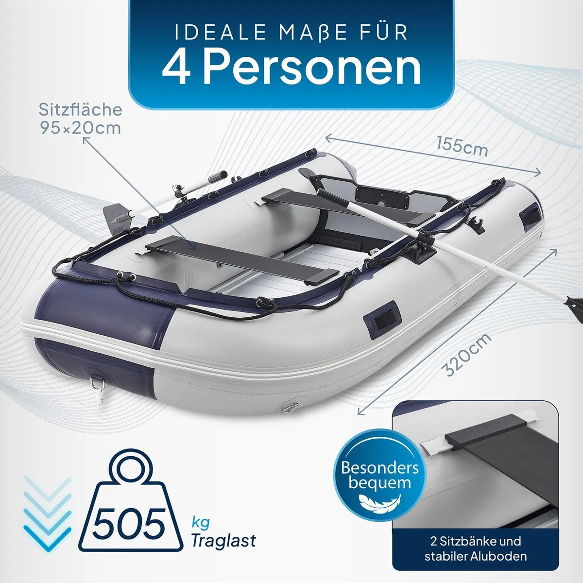 ArtSport Gommone 3,20 m per 4 Persone con 2 panche e Fondo in Alluminio - Barca a Remi con Remi, Pompa, Borsa e Kit di Riparazione - Barca da Pesca Gonfiabile