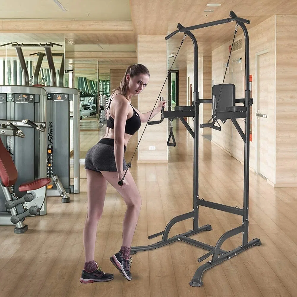 Dskeuzeew Power Tower Dip Station, stazione di forza fitness con barra per trazioni, torre di potenza multifunzionale per allenamento a casa in palestra, carico 150 kg, nero