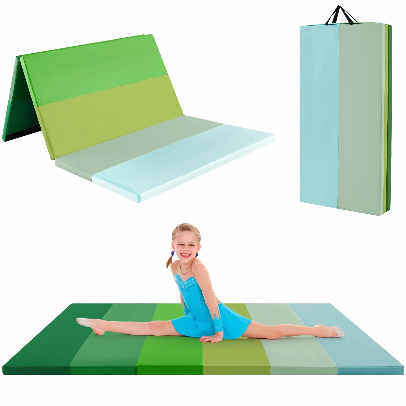 FANTASK Tappetino da ginnastica pieghevole per casa, 180 x 120 cm, tappetino fitness pieghevole a 5 volte, in PU con maniglia, tappetino sportivo per bambini e adulti