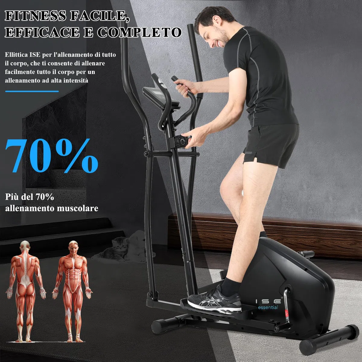 ISE Ellittica da Casa, Cyclette Ellittica Professionale con Resistenza Magnetica Schermo LCD Supporto per Smartphone