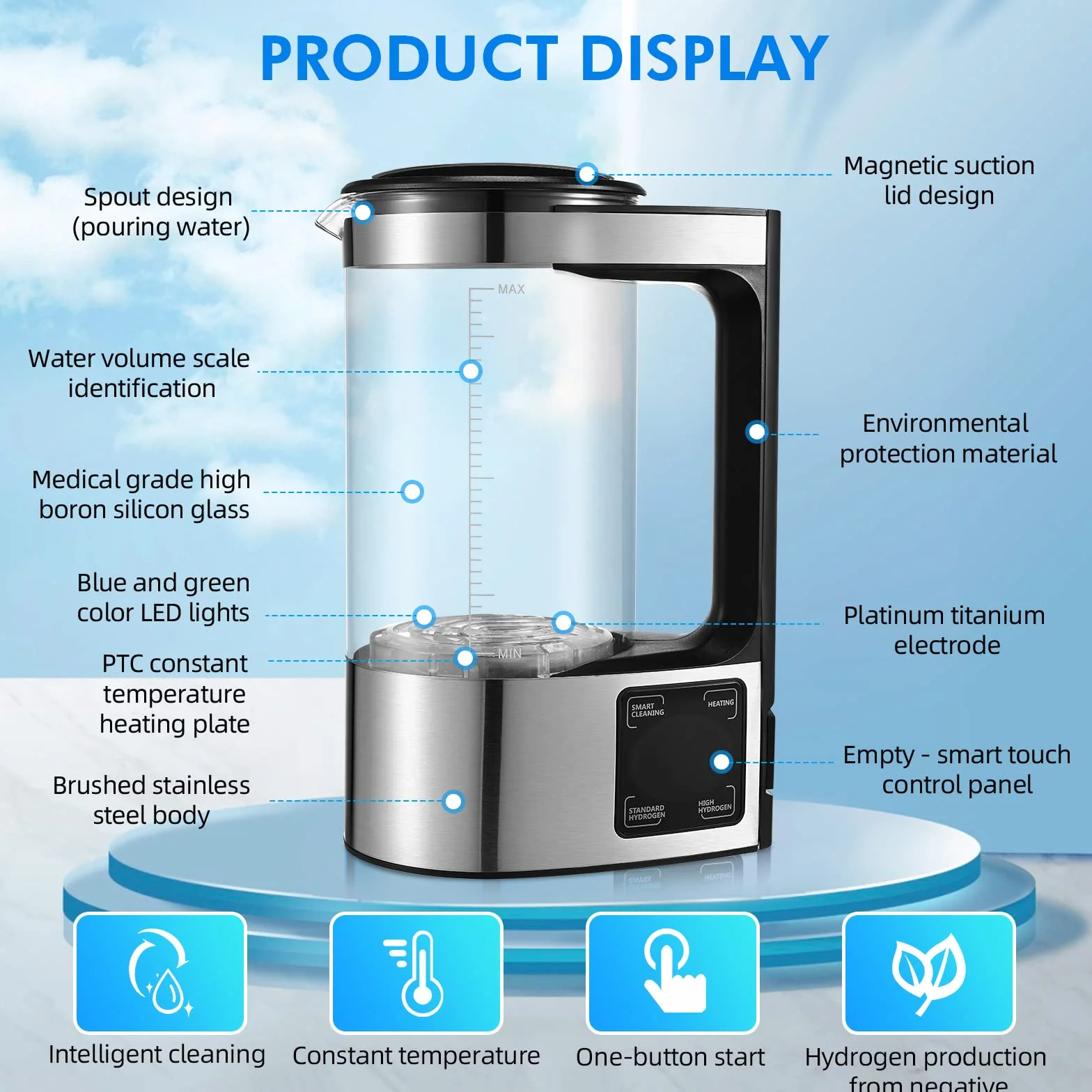 2L Generatore di Acqua Idrogenata, Grande Capacità Generatore di Acqua Idrogenata Ionizzatore, Bombola del Generatore di Idrogeno, Ricarica USB Portatile con Display LED per Casa, Ufficio e Viaggi
