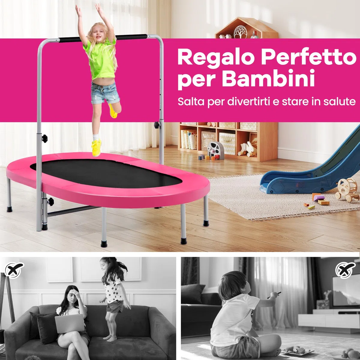 COSTWAY Trampolino Elastico da Interno ed Esterno, Tappetino Elastico Pieghevole per Adulti e Bambini con Maniglia Regolabile, Molle e Cuscinetto di Sicurezza, Trampolino Ovale per 2 Persone