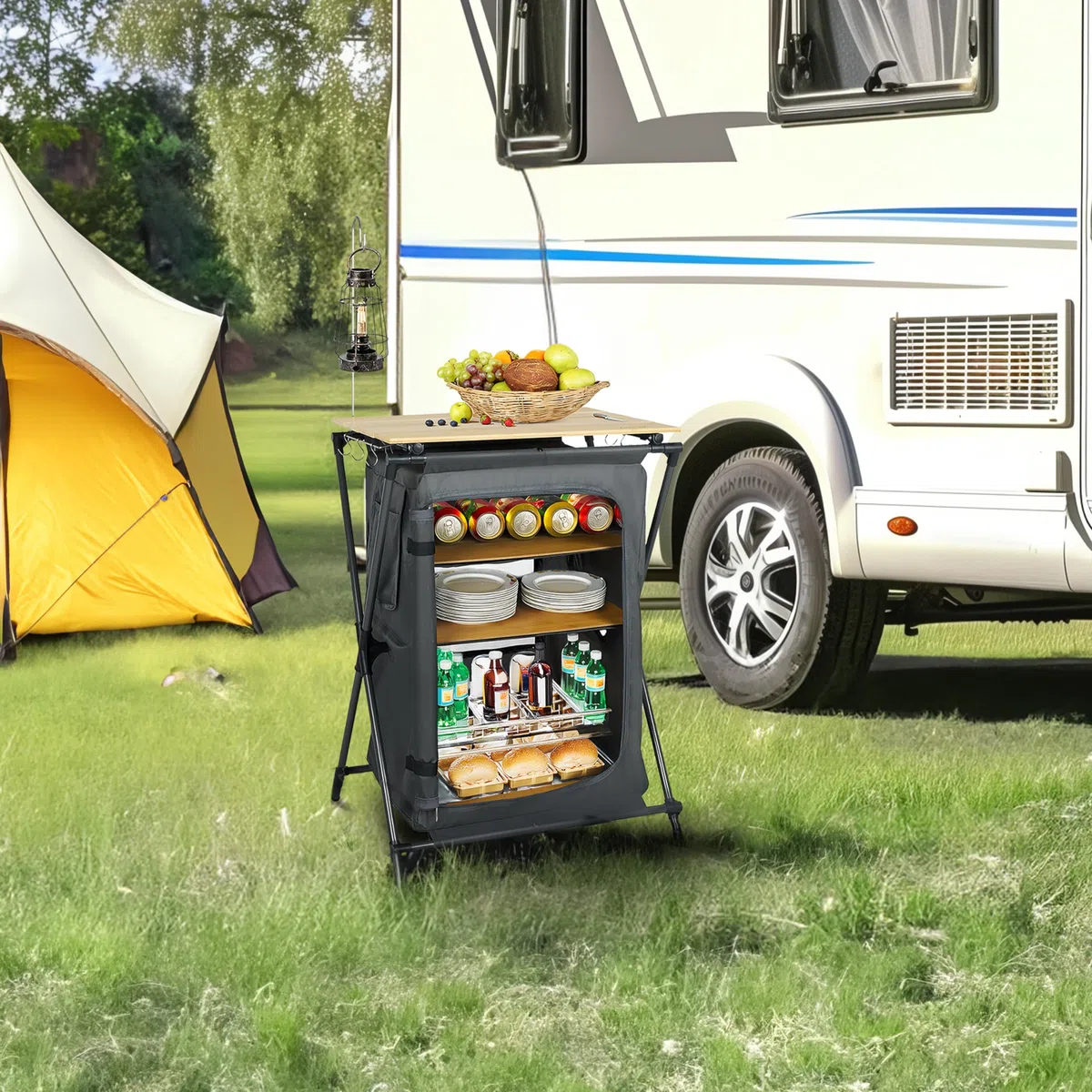Finnhomy Armadio portatile da campeggio con 4 ripiani, con supporto leggero, con borsa per il trasporto, tavolo da campeggio con contenitore per il trasporto, supporto 30 kg, grigio