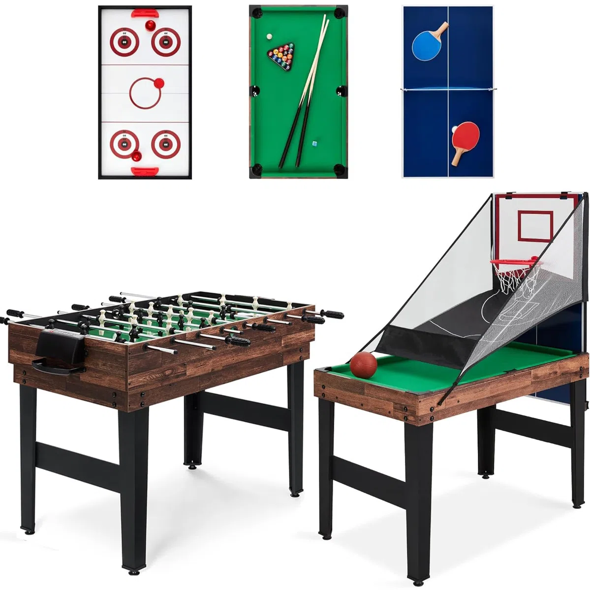 5 IN 1 Tavolo da gioco multifunzione, tavolo da gioco sportivo combinato per bambini Tavolo da biliardo,biliardino,ping pong,air hockey e pallacanestro con tutti gli accessori Grande regalo per