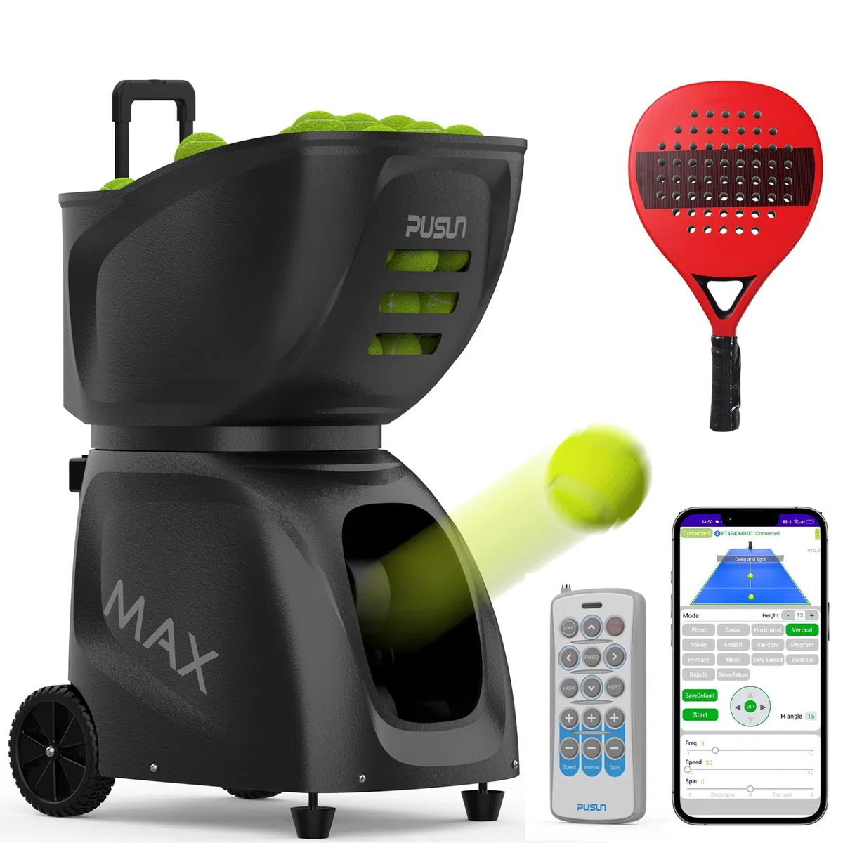 PT-Max C Padel Tennis Machine Pro, lanciatore automatico di palline con telecomando, sistema di allenamento intelligente con controllo della velocità (12-87 mph), display digitale, batteria integrata,