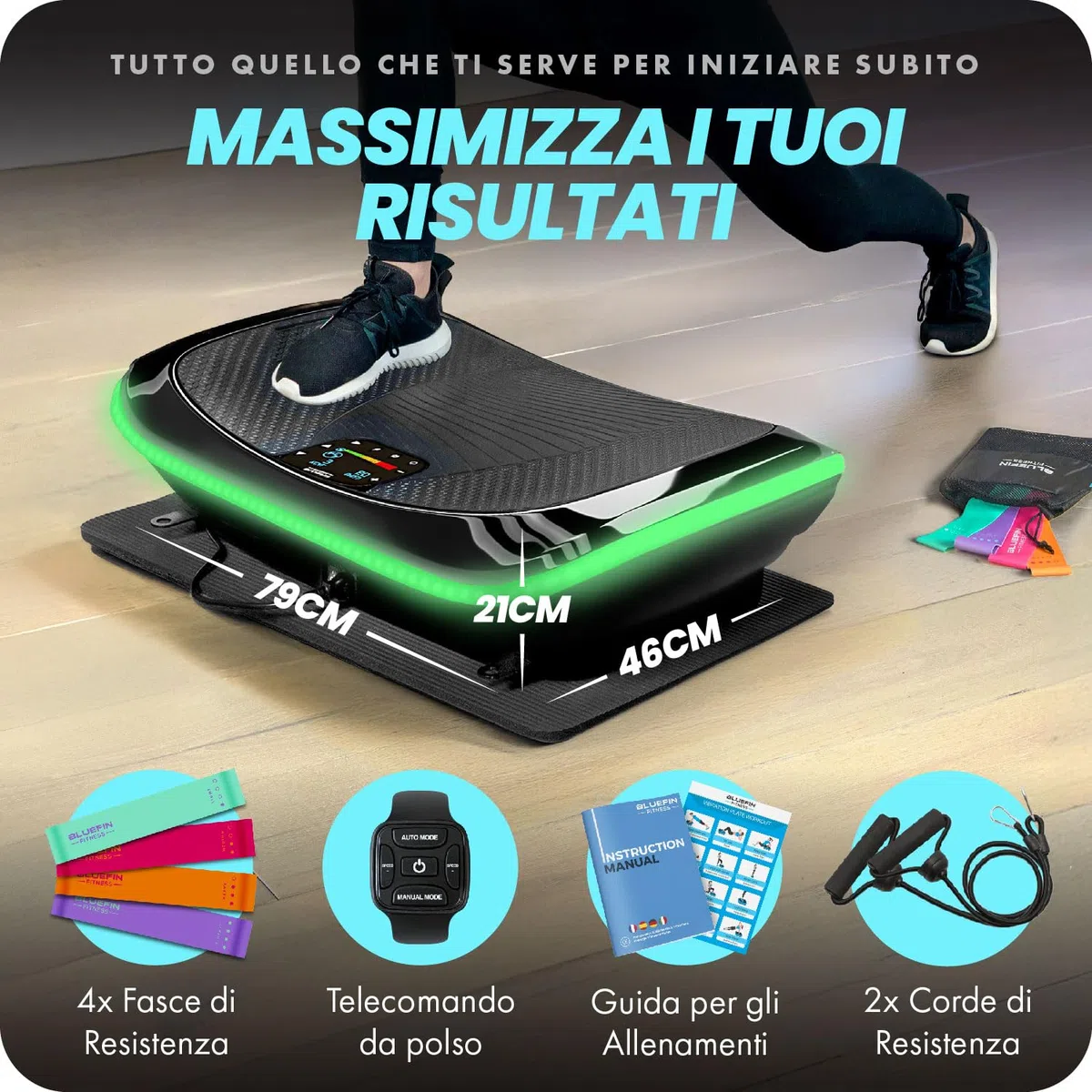 Bluefin Fitness Pedana Vibrante e Oscillante con Motore 4D | Potente e Facile da Usare | Con Massaggio Magnetico | Confortevole Superficie Curva | 3 Motori Silenziosi