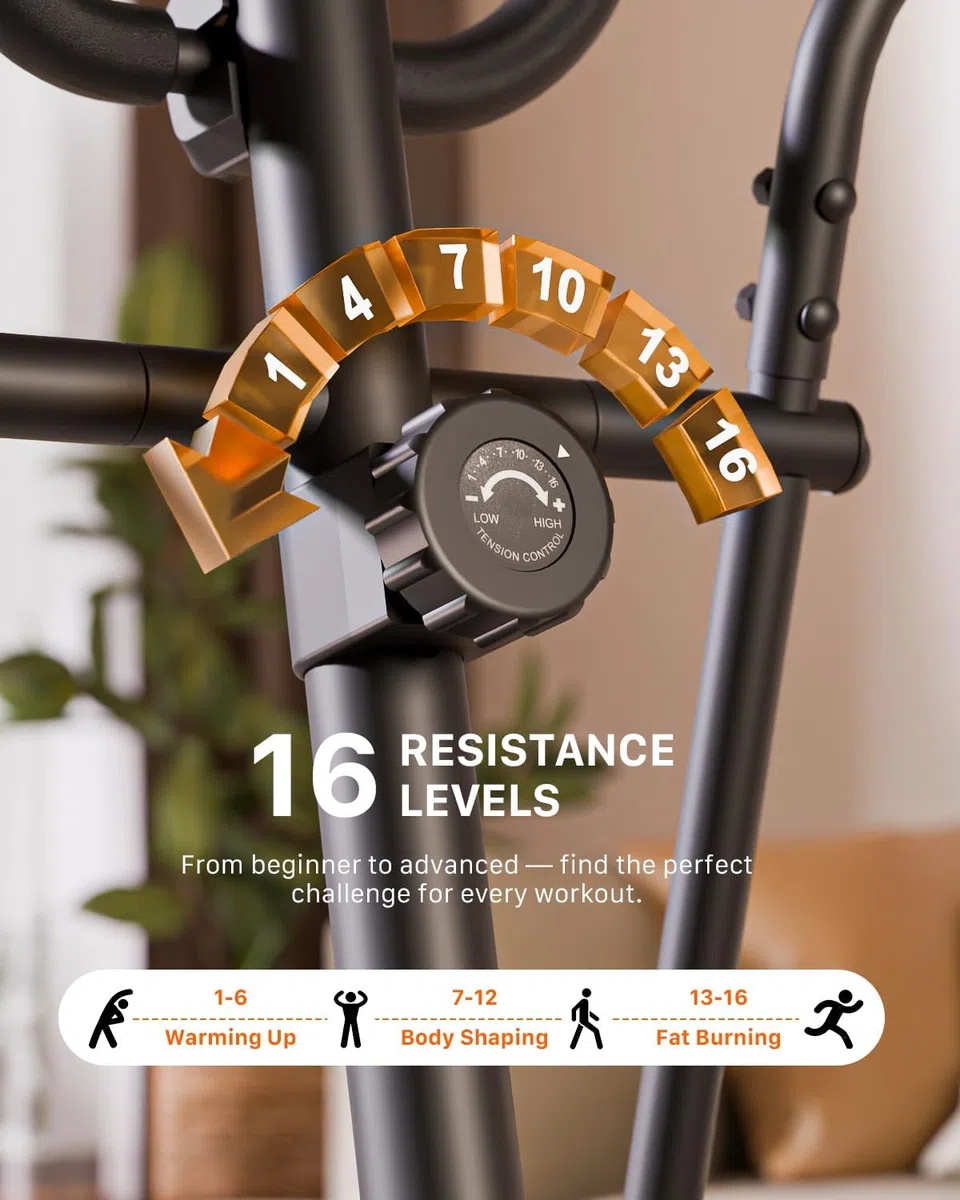 Ellittica da Casa Silenziosa, Aeriflo S100 Ellittica Magnetica con 16 Livelli di Resistenza, Volano 6kg, Salvaspazio, Bluetooth con App, Schermo LCD e Ruote di Trasporto per Allenamento Cardio