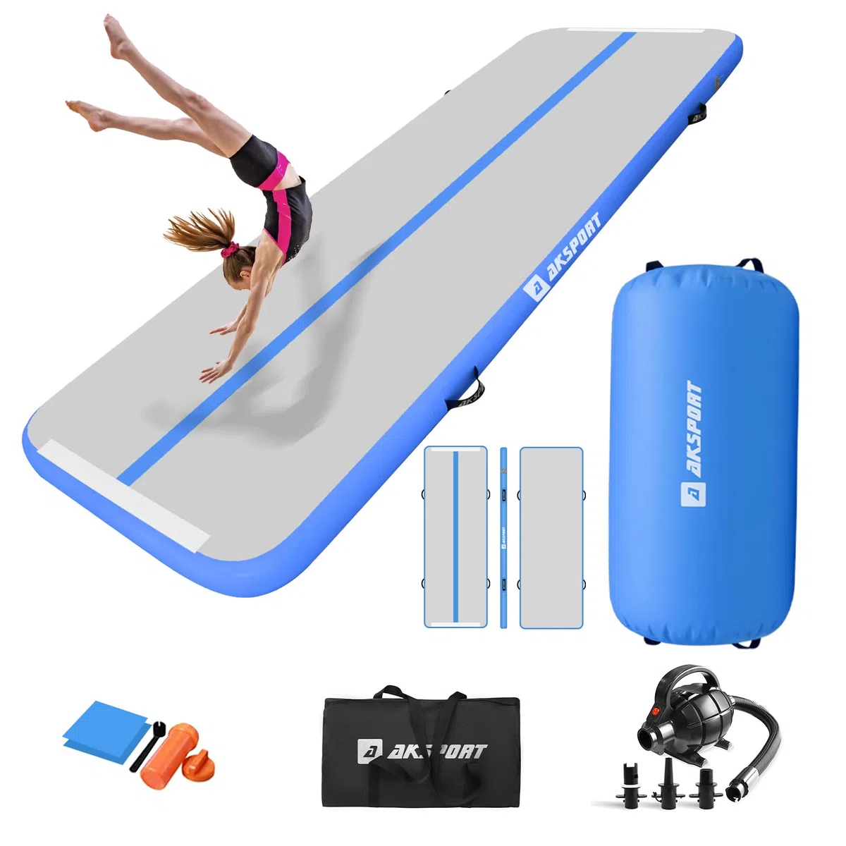 AKSPORT Tappetino ginnico gonfiabile con rullo ginnico a barile d'aria per tumbling posteriore/Yoga/Cheerleading/camminate all'indietro, con pompa d'aria
