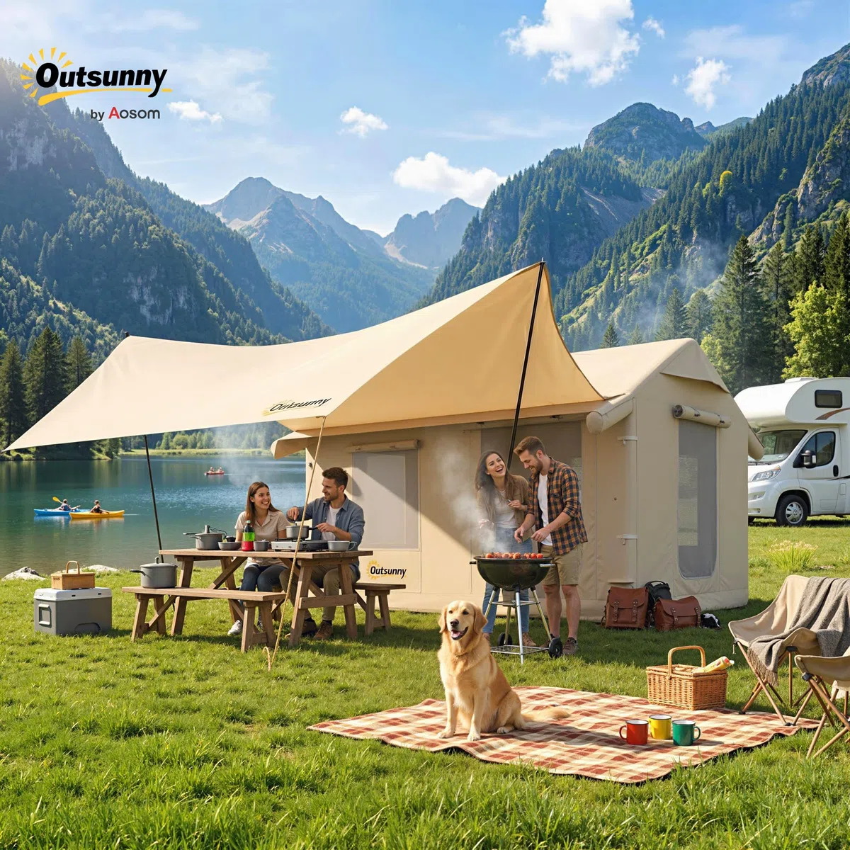 Outsunny Tenda da Campeggio Gonfiabile con Pompa per 6-8 Persone, Tenda Campeggio Impermeabile 3000mm Antivento, con Apertura per Stufa, Tetto Rimovibile e Pavimento Cucito, Montaggio Rapido, Cachi