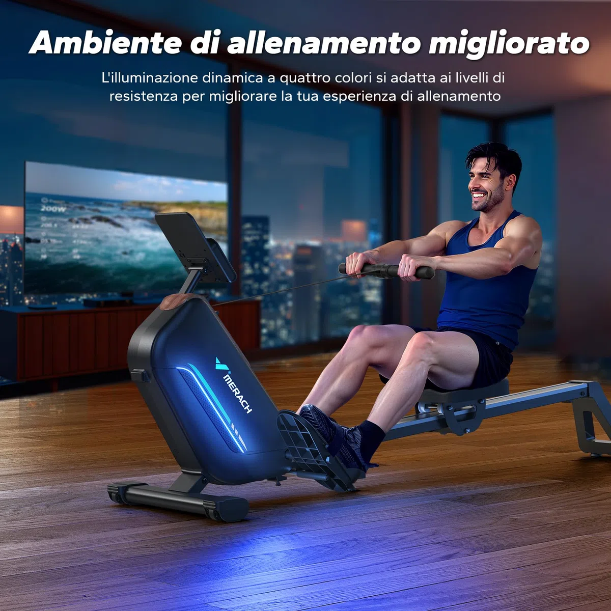 MERACH Vogatore pieghevole per casa con luce LED, regolazione intelligente resistenza 16 livelli, potente elettromagnete, guide 130 cm