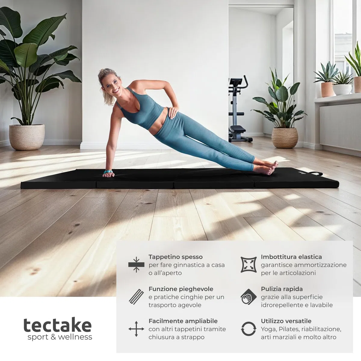 tectake® Tappetino da Ginnastica Pieghevole, Tappeto Fitness Portatile con Superficie Lavabile, Cinghia Trasporto, Tappetino Palestra, Sport, Casa, Yoga, Arti Marziali, 240x120x5 cm - Nero