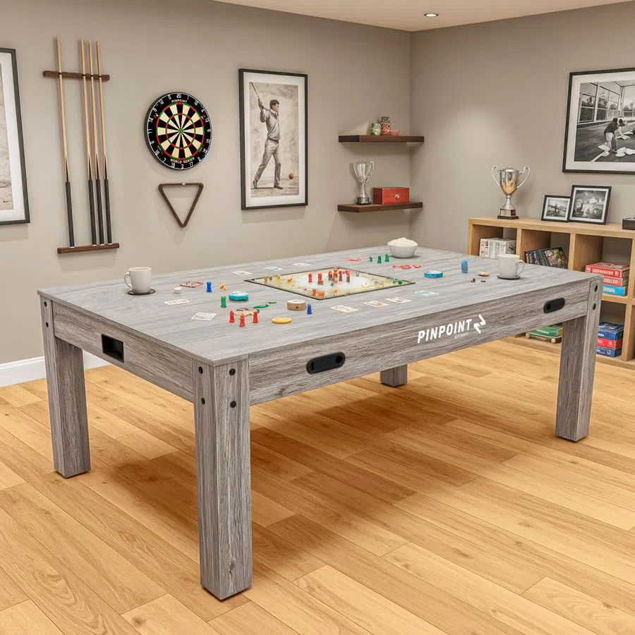 PINPOINT Tavolo da gioco 4 in 1 – biliardo, air hockey, ping pong e giochi da tavolo – Tavolo da interno da 2,1 m con accessori inclusi – Finitura in legno grigio Driftwood per sale giochi e famiglia