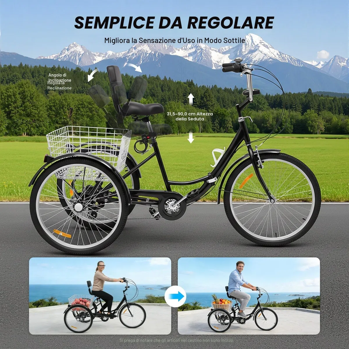 triciclo per adulti 24 pollici, cruiser bicicletta con lampada da moto, cestino e riflettori, velocità regolabile, 120 kg, bianco