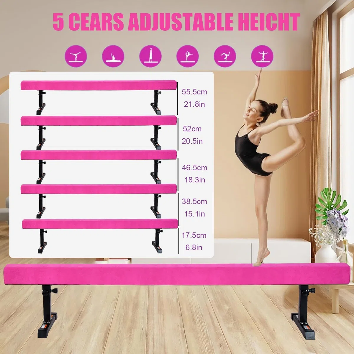 Fascio di bilanciamento regolabile, palla da ginnastica | 5,9 ft Balance Bar | 5 altezze regolabili per l'allenamento a casa all'aperto all'aperto