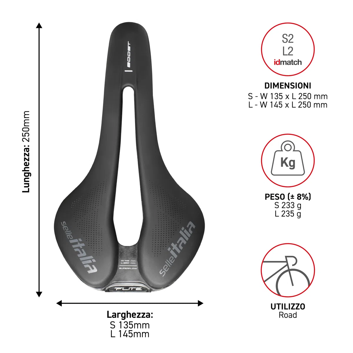 Selle Italia FLITE Boost TM Superflow - Sella Bici da Corsa Flat, Sella Bicicletta Racing, Telaio Manganese, Foro Superflow