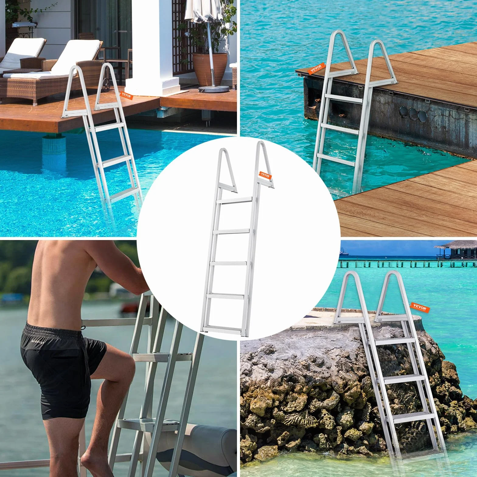 VEVOR Scaletta per Pontile, 5 Gradini Rimovibili, Scala per Barca in Lega di Alluminio, Carico 158,7 kg con Gradino Antiscivolo, Facile da Installare per Barca, Lago, Piscina, Imbarco Marittimo