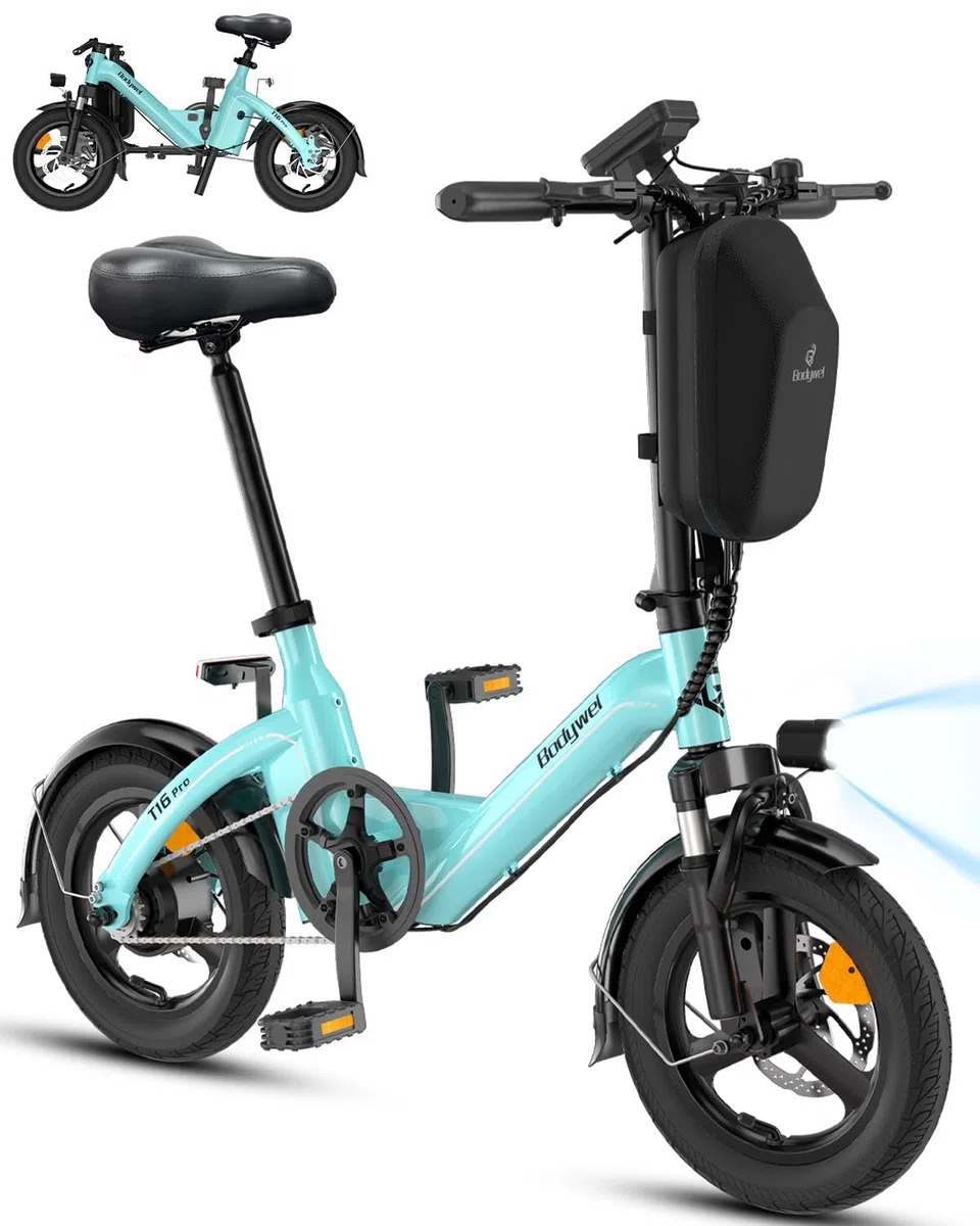 Bodywel T16Pro Bici Elettrica Pieghevole 14" Leggera Adulti/Ragazzi, Batteria 36V 10Ah + Motore 250W, 3 Velocità, Display LED 4.5", Preassemblata 90% per Città