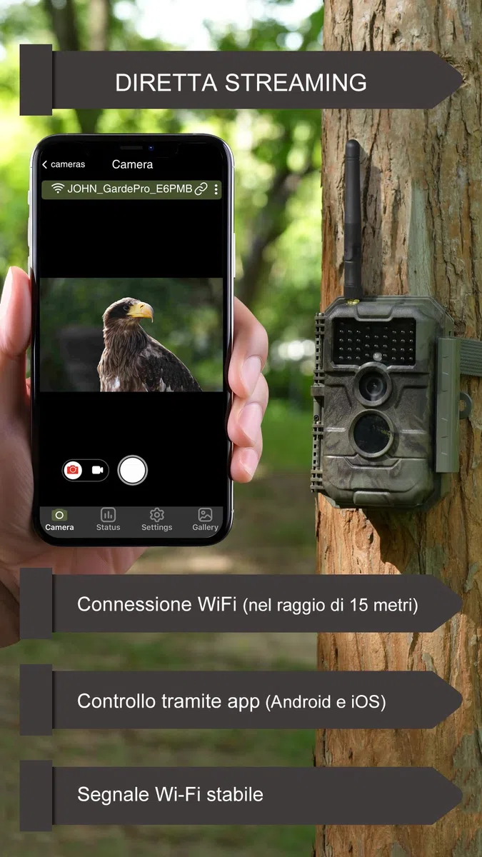 GardePro E6P Max Fotocamera da Caccia, WIFI, Batteria Ricaricabile da 8000mAh, Scheda SD Integrata, 64MP 1296P, Ampio Campo Visivo di 110°, Animali Movimento Attivato Visione Notturna Esterna