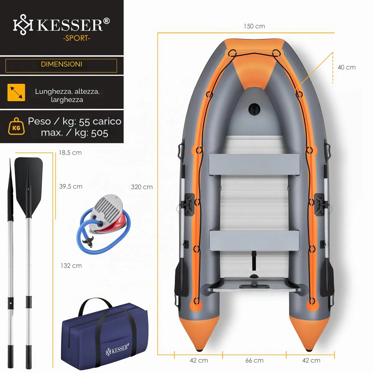KESSER® Gommone di 3,20 m per 4 Persone - Compatibile con Motore Wave Imbarcazione da diporto Barca a Remi, da Pesca - con 2 panche - Fondo in Alluminio Remi Pompa