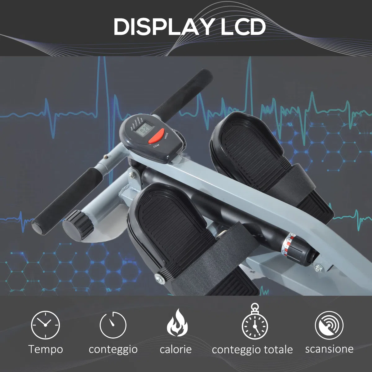HOMCOM Vogatore Professionale per Fitness Allenamento a Casa con Display 130 x 67.5 x 67cm