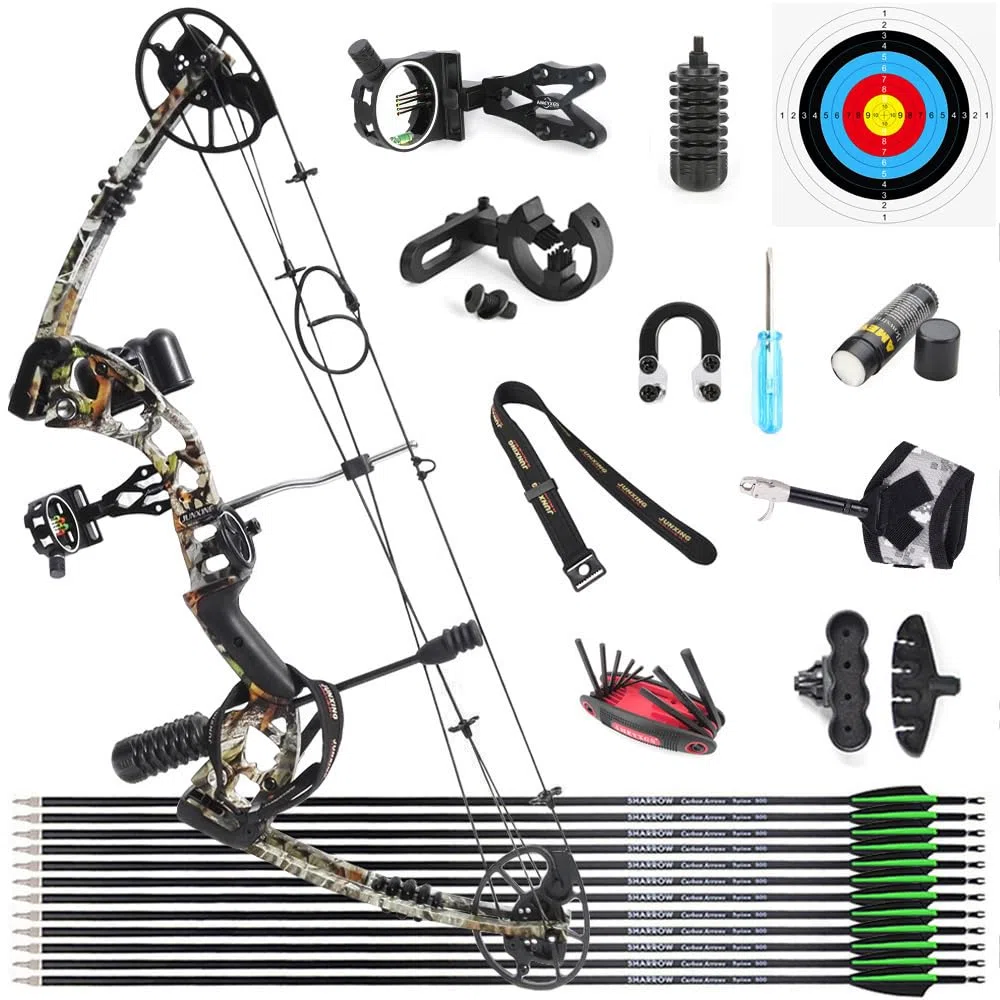 Kit Arco Compound 30-70lbs Regolabile Arco Composto Set Arco da Caccia con Accessori Arco e Frecce in Carbonio