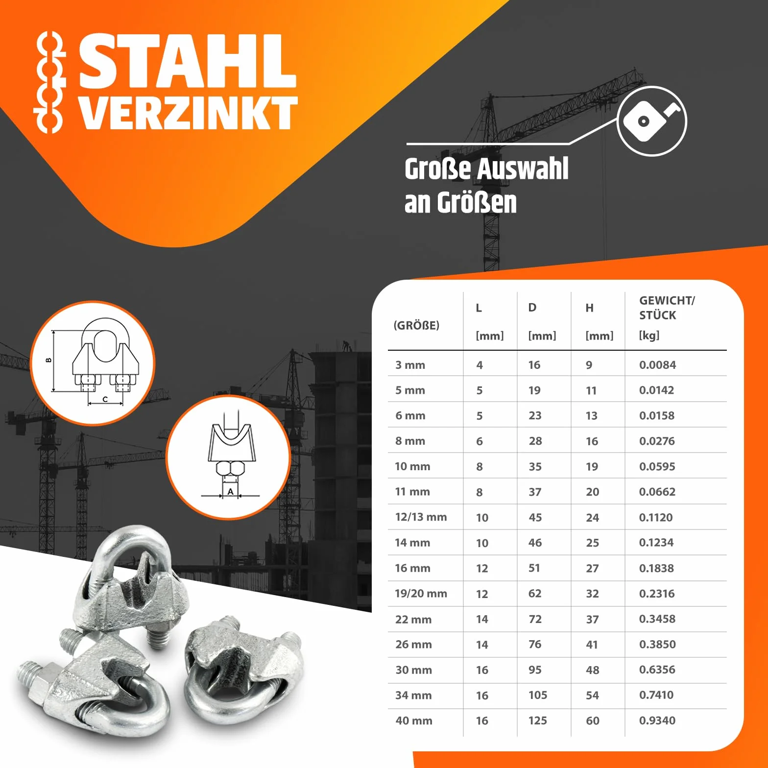 IMPOSTATO 20m acciaio galvanizzato fune 10mm tessere: 6x37 + 4 morsetti + 2 ditali