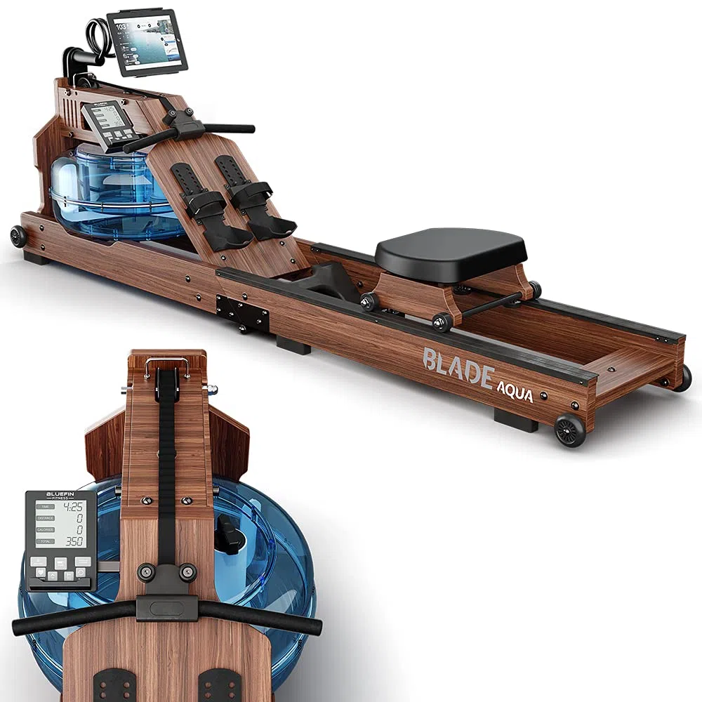 Bluefin Fitness Blade Aqua W-1, Vogatore ad Acqua, Frassino Americano Sostenibile al 100%, Vogatore Pieghevole per Casa, Display LCD, Applicazione Kinomap Inclusa, nero/marrone.