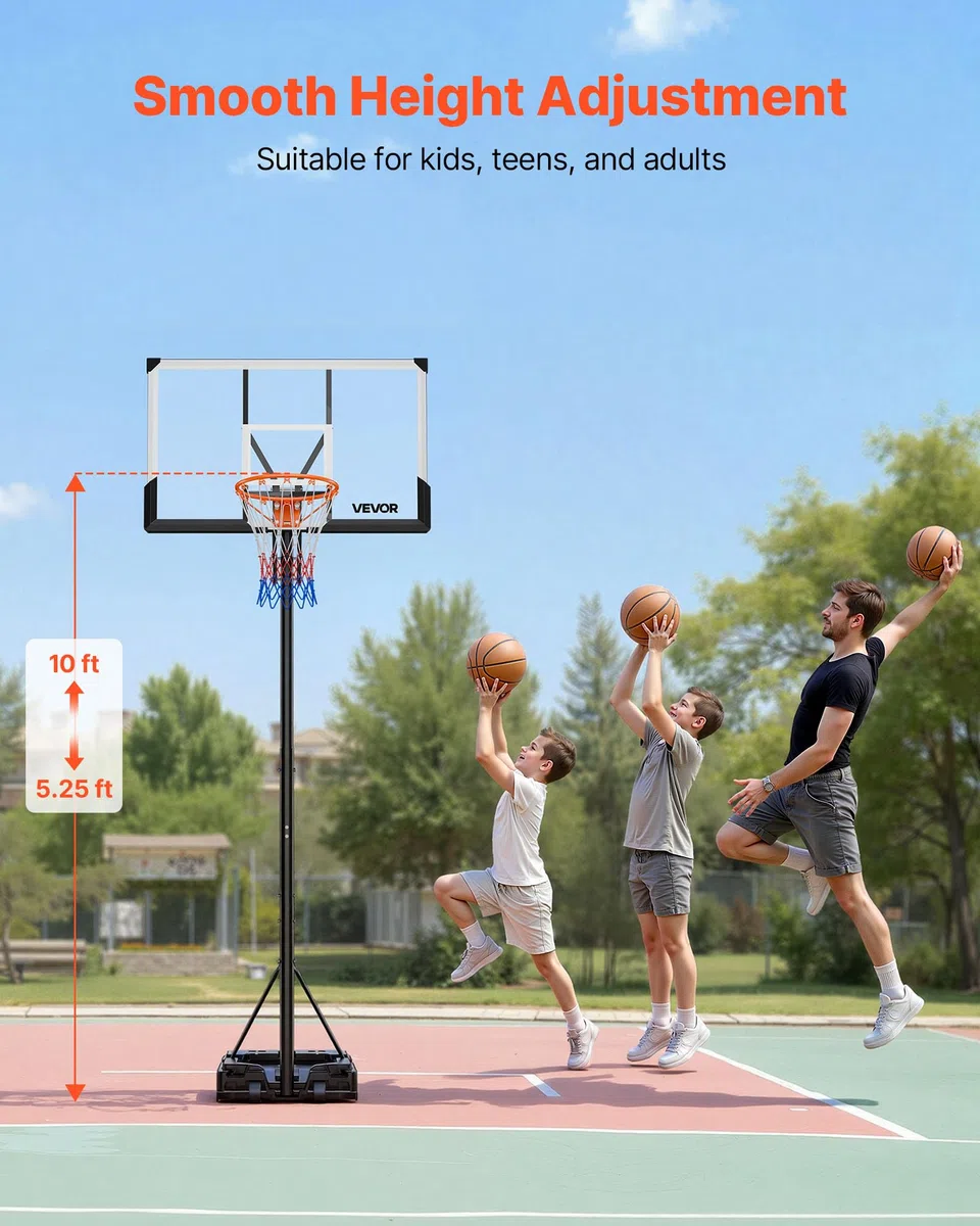 VEVOR Supporto da Basket Portatile Massimo 3,05 m Pallacanestro da Esterno con Piedistallo Regolabile in Altezza Design di Sollevamento, con Ruote e Tabellone PC da 1117,6 mm, per Cortili, Scuole