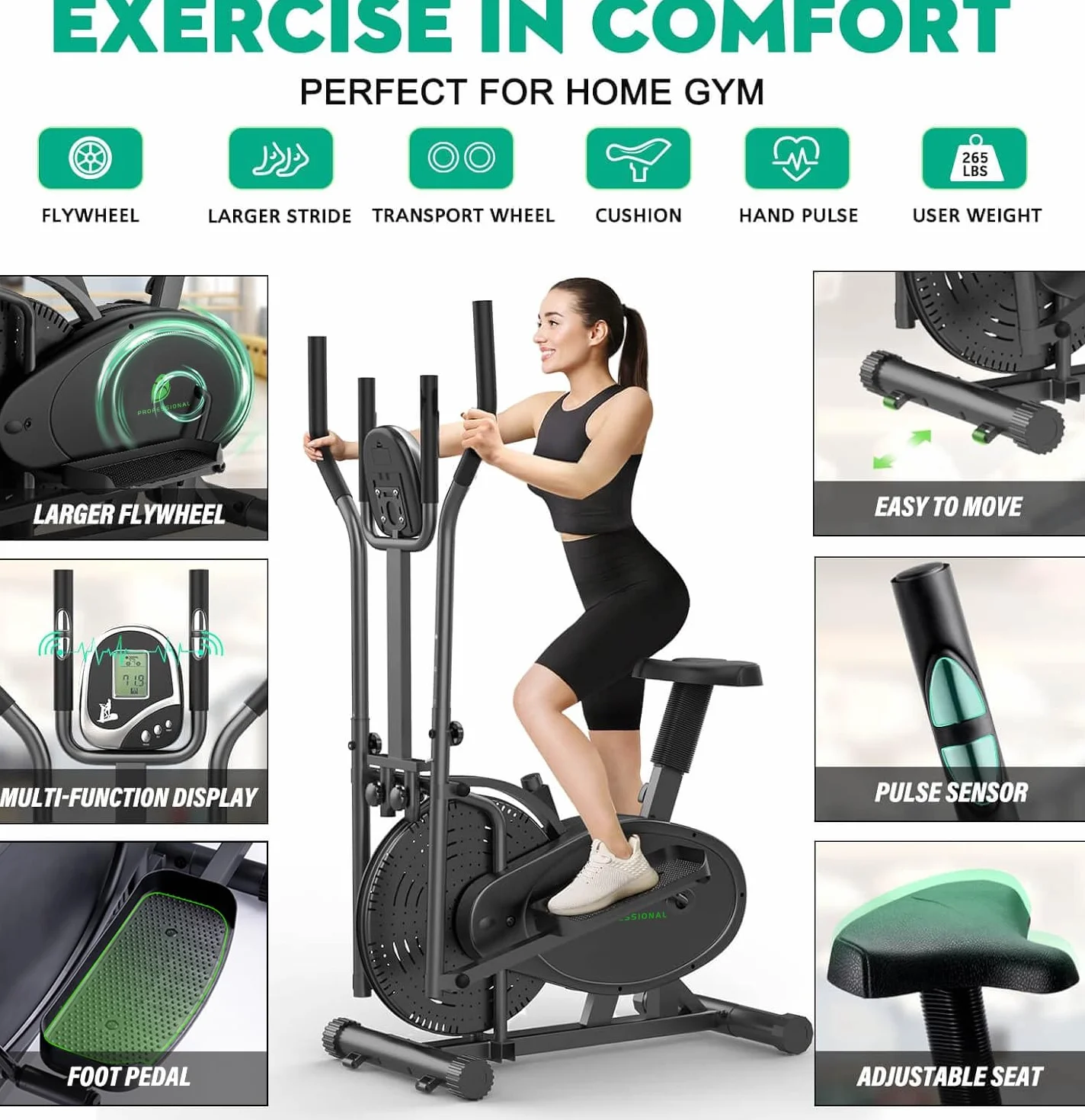 Neezee Ellittiche Per La Casa - 2 IN 1 Cyclette Per Cross Trainer Con Sedile, Monitor LCD Intelligente, Resistenza Regolabile, Allenamento Migliorato Per Tutto Il Corpo, Fino a 120 KG