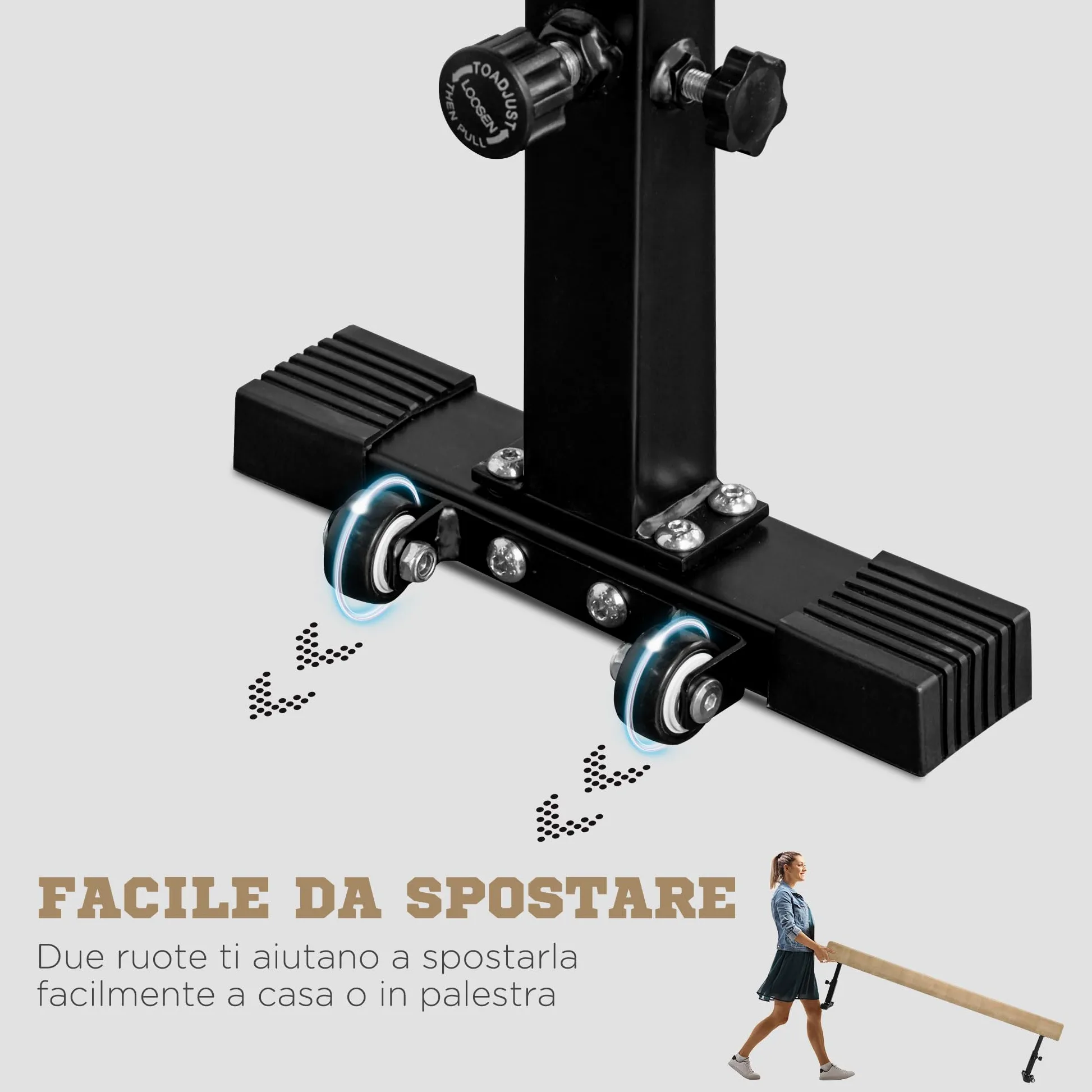 HOMCOM Trave Ginnastica Artistica da Casa con Altezza Regolabile, Ruote e Piedini Antiscivolo, per Bambini da 3-12 Anni, 226x31x59cm, Marrone