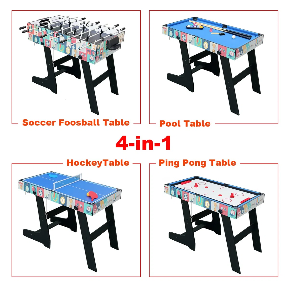 Tavolo da gioco sportivo multifunzione 4 FT 4 in 1 Tavolo da biliardo/snooker pieghevole fisso fisso, biliardino, hockey, tavolo da ping pong