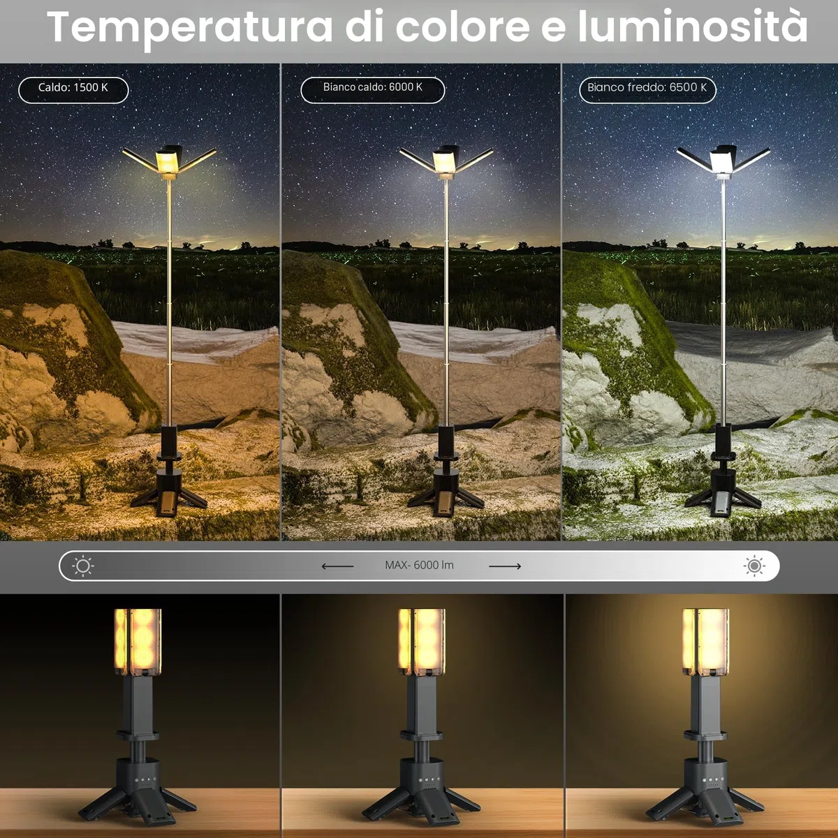 Lampada da campeggio telescopica ricaricabile Clemas, 14000 mAh, LED multifunzione, lanterna magnetica, per cantieri, senza fili, dimmerabile, 6000 lm, IPX5