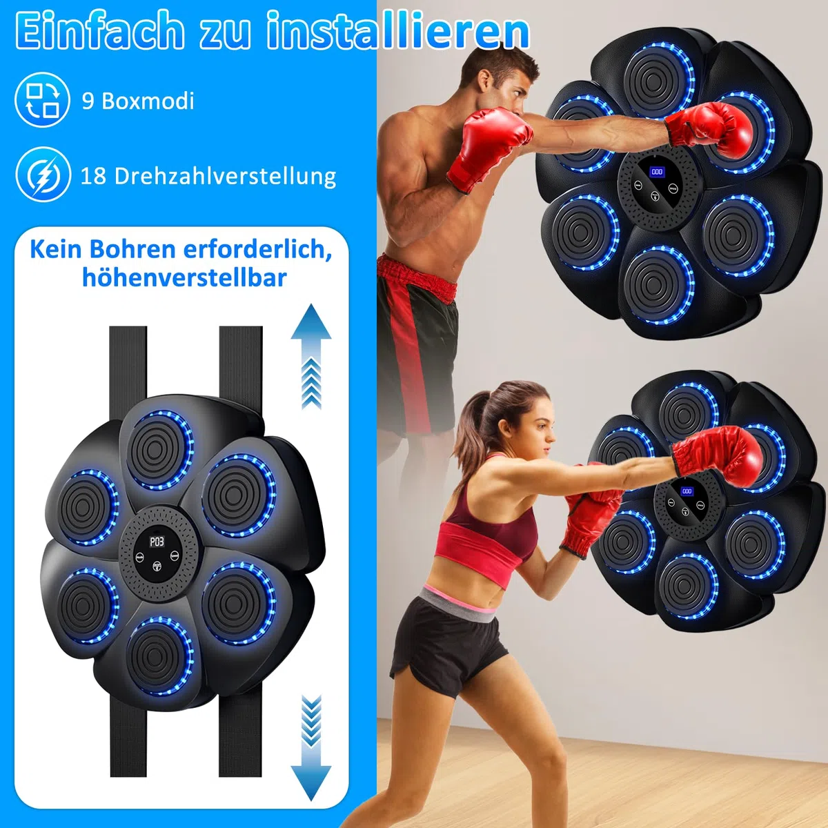 Macchina da boxe musicale Smart Boxing Machine Disco da boxe montato a parete con guanti da boxe per adulti e bambini, supporto Bluetooth, 9 funzioni, 18 velocità regolabili e modalità di conteggio