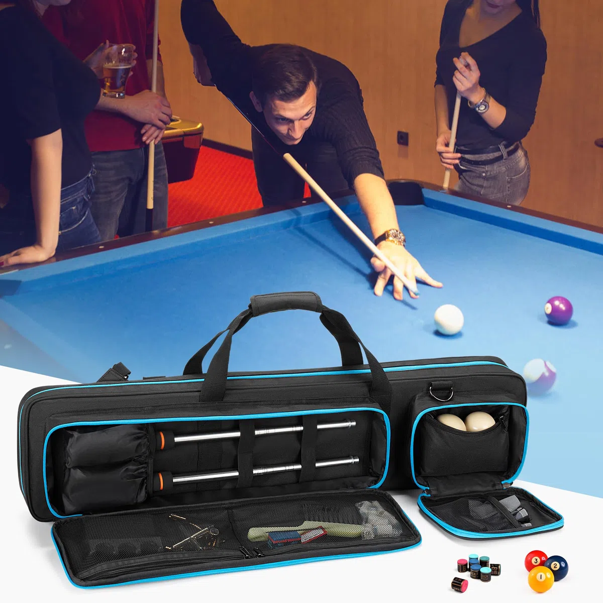 GOBUROS Custodia per stecche da biliardo 4x4 può contenere fino a 4 calci e 4 aste, custodia per stecche da biliardo con tasche frontali e spallacci