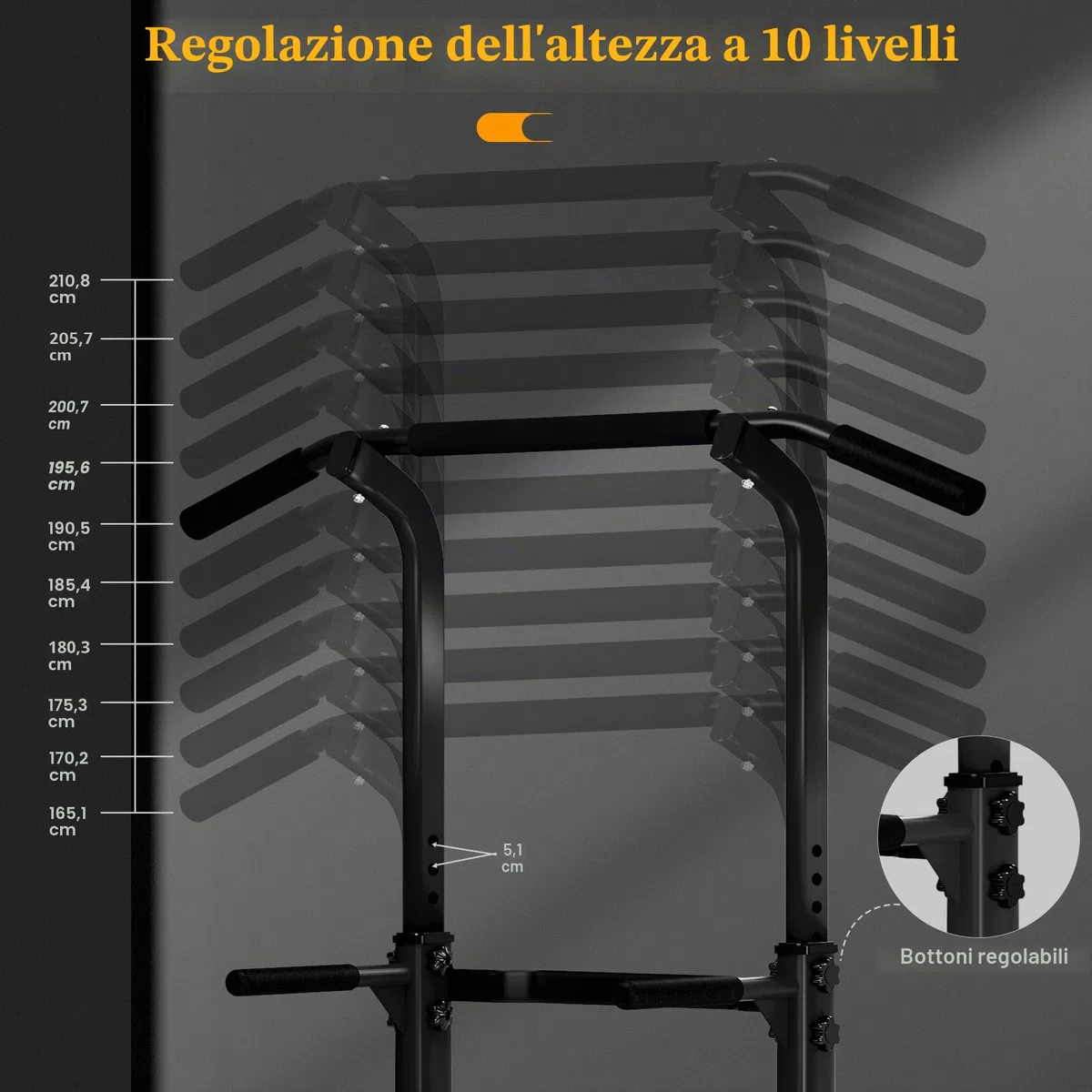 sogesfurniture Power Tower, Dip Station, Sbarra per trazioni,Fitness Multifunzione per Flessioni Trazioni Fitness e Addominali,Altezza Regolabile da 165-210 cm, BHEU-PSBB005