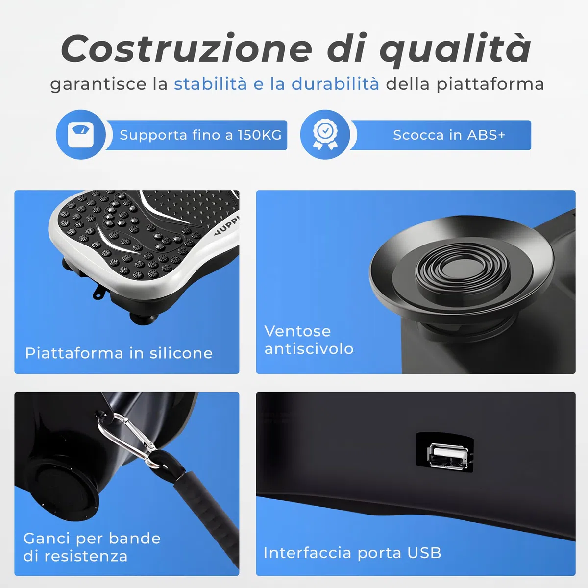 JUPPLIES Pedana Vibrante Dimagrante con 5 Programmi Automatici, 5 Bande Elastiche e Bluetooth – Piastra Vibrante Fitness per Allenamento, Recupero Muscolare e Circolazione Gambe