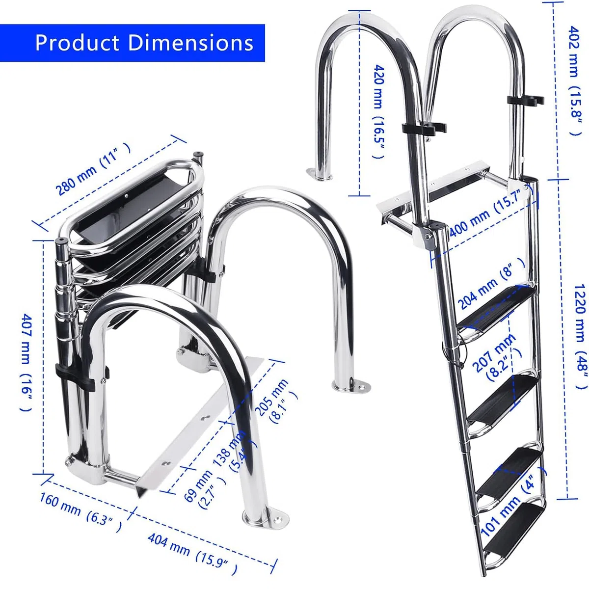 Scaletta per Barche 4 Gradini - Pontoon Pieghevole Piscina in Acciaio Inox Scala Telescopica Ingresso Posteriore Marino Ampia Galleggiante Corrimano Pedale capacità Carico 300Kg
