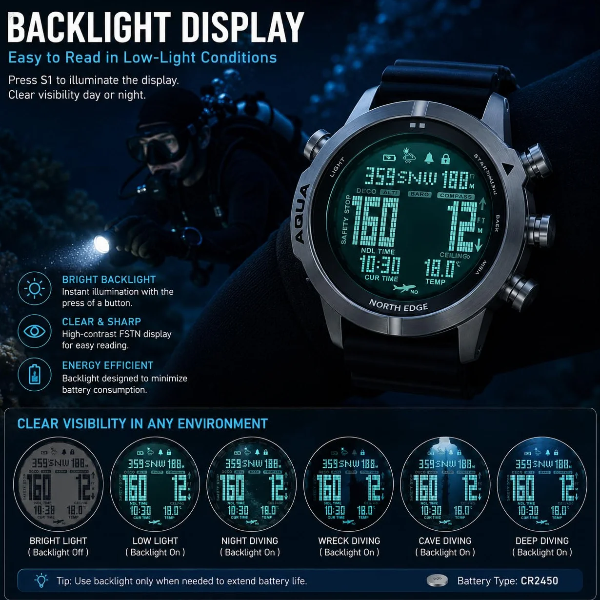 NORTH EDGE AQUA Orologio Da Immersione Professionale Per Computer Da Uomo Scuba Diving 50m Orologi Da Immersione Con Registro Per Immersioni Altimetro Barometro Bussola