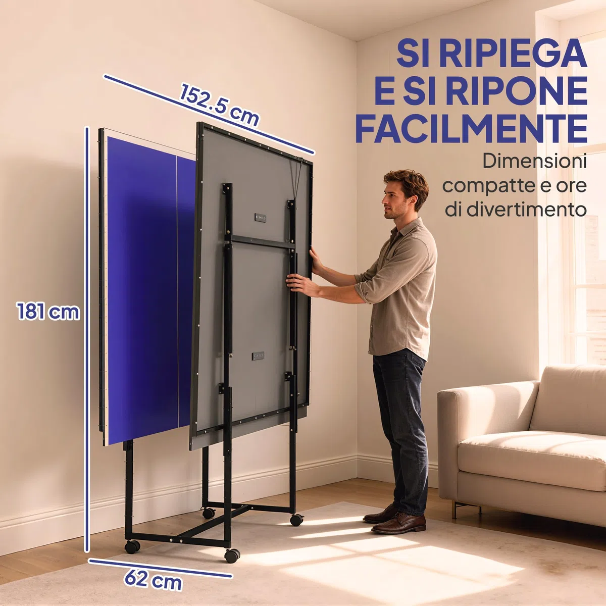 SPORTNOW Tavolo Ping Pong Pieghevole Salvaspazio per Interni, Tavolo da Ping Pong Professionale con Ruote Girevoli, Rete, Racchette e Palline, Blu