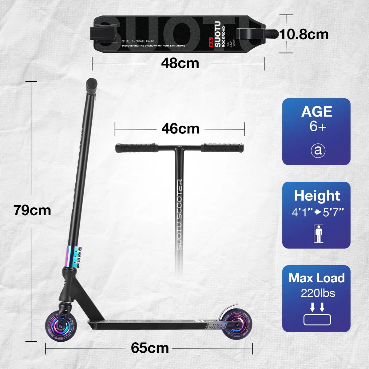 Monopattino Freestyle, Sterzo a 360°, Monopattino da Trick con Ruote in PU da 85A 100 mm, Stunt Scooter per Bambini Adolescente e Adulti, Capacità di Carico: 100 kg, Alluminio (Nero– Arcobaleno)