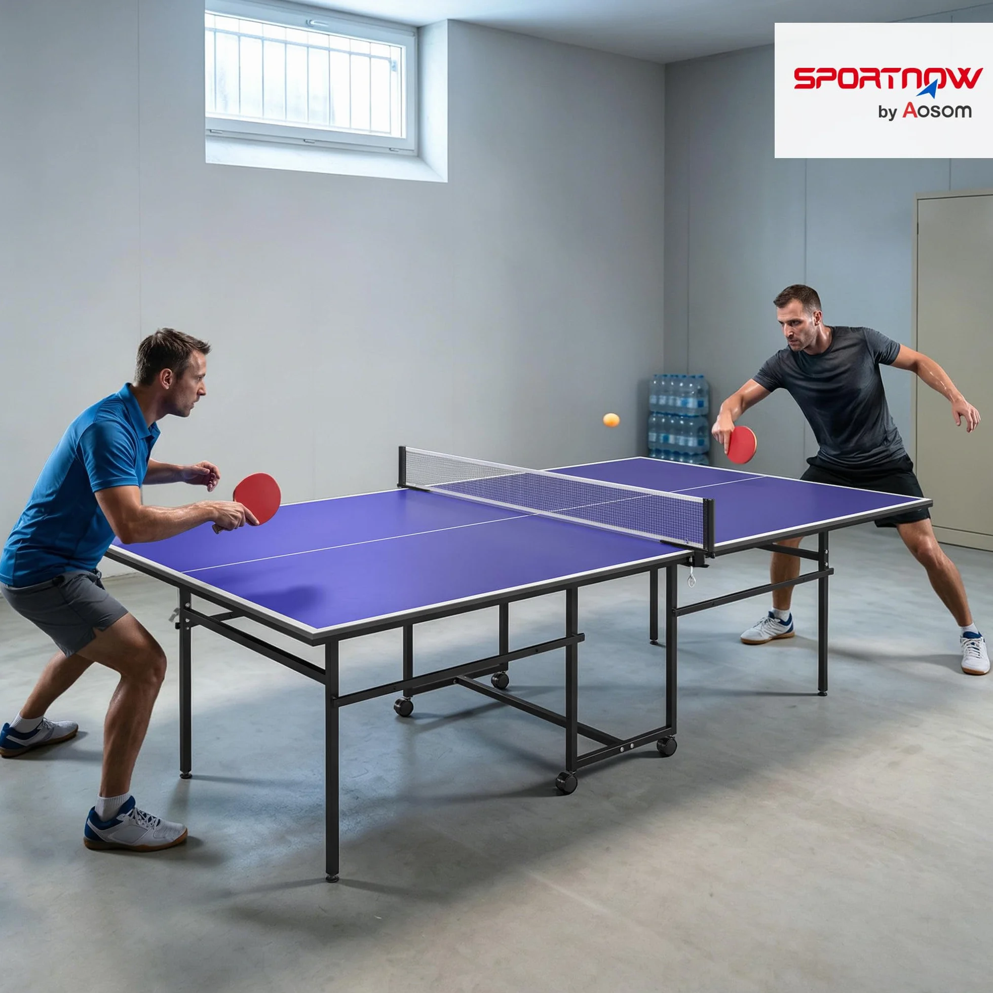 SPORTNOW Tavolo Ping Pong Pieghevole Salvaspazio per Interni, Tavolo da Ping Pong Professionale con Ruote Girevoli, Rete, Racchette e Palline, Blu