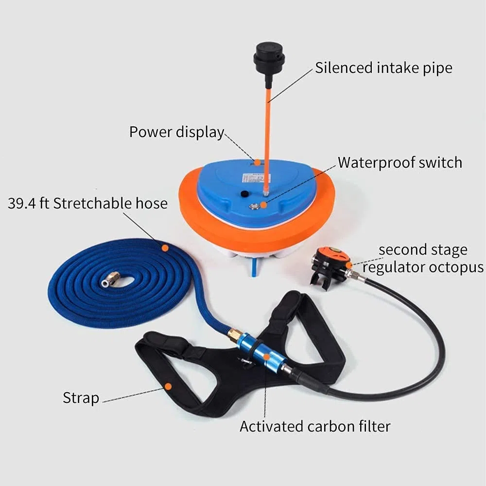 Sistema di Immersione Portatile Ricaricabile per 3.5 Ore, Pompa d'Aria elettrica Impermeabile, con Tubo da 39 Piedi Regolatore Secondo Stadio, respirazione Subacquea per Adulti