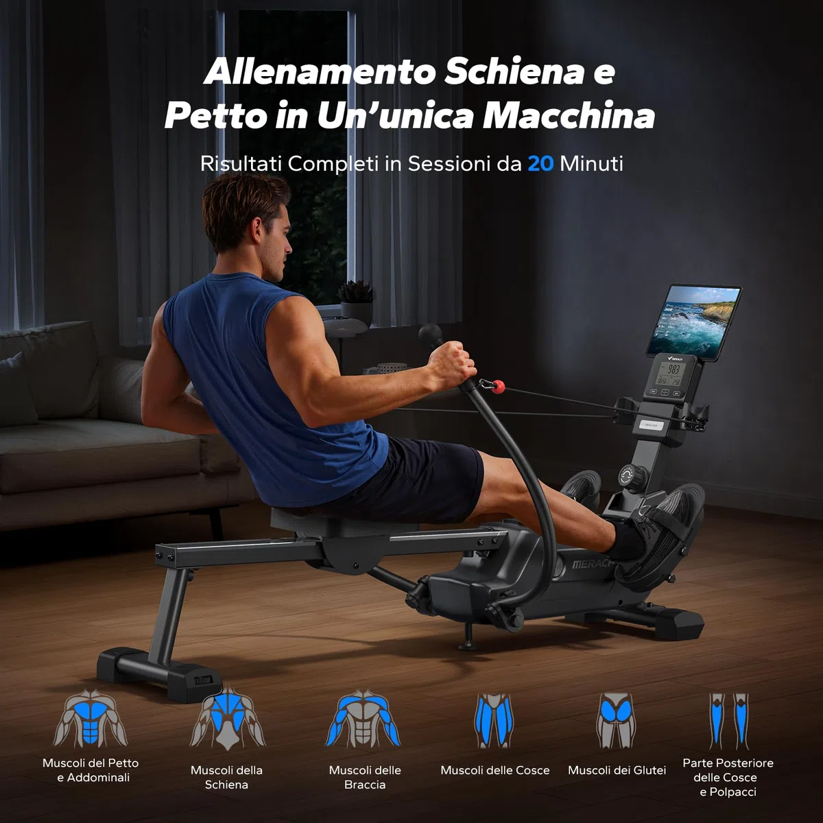 MERACH Vogatore per Casa con Mappa Interattiva Esclusiva e Giochi nell'APP, Aspetto Simile a uno Squalo, Esperienza di Remata Intensa, Salvaspazio, Adatto per l'Allenamento Completo del Corpo