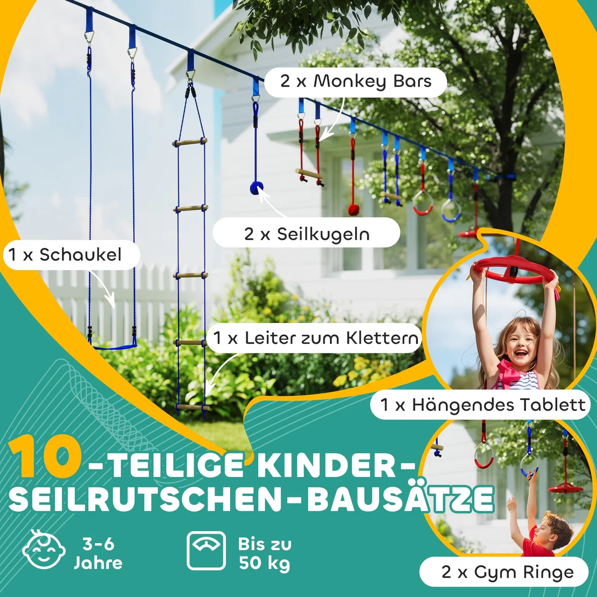 AIYAPLAY Ninja Line - Set Slackline per bambini, 10 m, con anelli da ginnastica, altalena, scaletta per arrampicate, protezione per alberi, aste da arrampicata, vassoio sospeso, set da gioco per